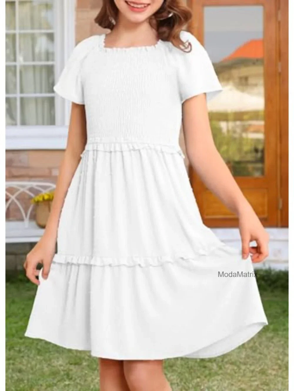 Girls Boho Swiss Dot Smocked Square Neck Ruffle Tiered Midi Dress with Pockets